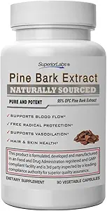 Superior Labs Pine Bark Extract 200 mg – 95% OPC French Maritime Bark, reine Non-GMO-Formel für gesunde Zirkulation & Blutfluss, Herz, Haut und Haar-Support, Free-Radical Defense, 90 Veg Caps