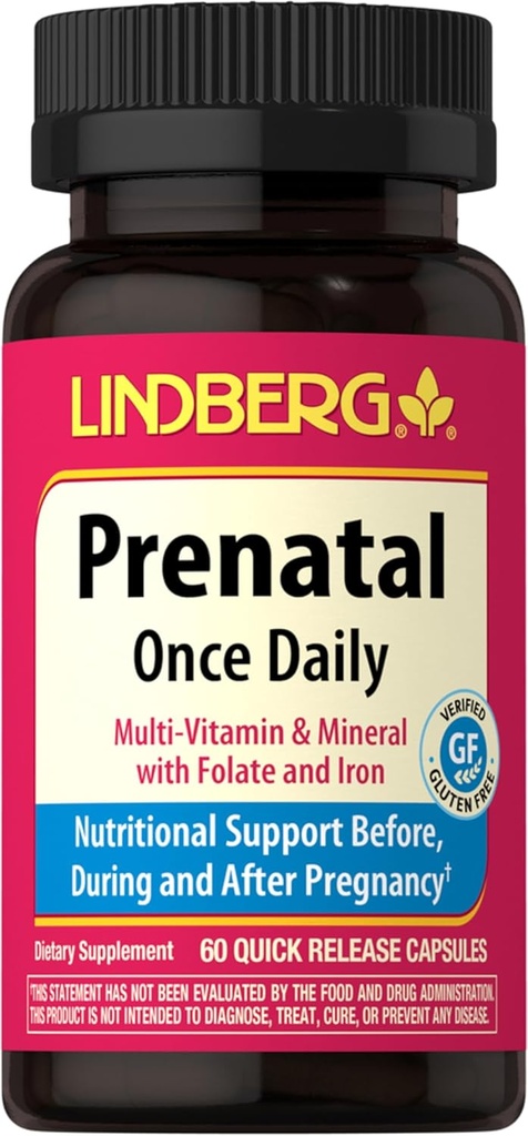 Lindberg Pränatale Vitamine für Frauen | 60 Kapseln | Multivitamine und Mineralien mit Eisen und Folsäure | Tägliche Ergänzung | Non-GMO, Glutenfrei