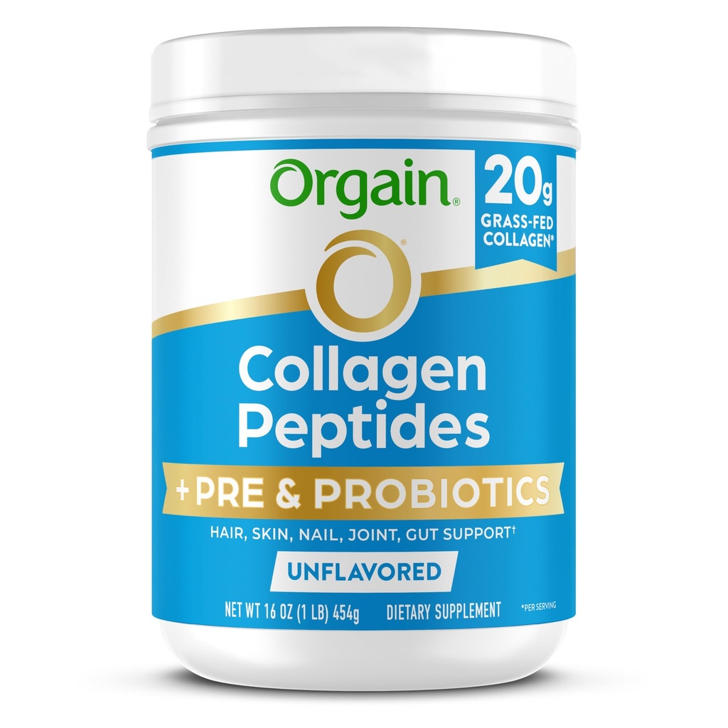 Orgain hydrolysierte Collagen Peptide + Prebiotic & Probiotics Pulver für Frauen & Männer, 20g Gras Fed Collagen, 1 Billion CFU - unterstützt Verdauungs-, Haar-, Haut- und Gelenkgesundheit, Non-GMO, Typ I & III, 1lb