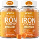 Eisengummis + Kurkuma 600mg für Männer, Eisenergänzung mit Multivitaminen C, A, B-Komplex, Folat, Zink für Eisenmangel, Anämie und Energie, Gentle, Non-Constipating, Chewable, Vegan, 2 Pack