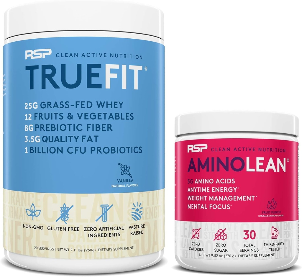 RSP NUTRITION AminoLean Pre Workout Energy (Fruit Punch 30 Servings) mit TrueFit Protein Powder (Vanilla 2 LB)