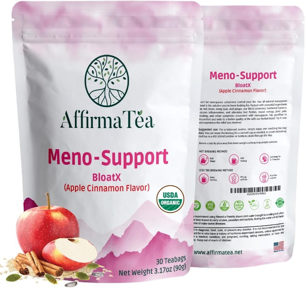 Meno-Support BloatX Organic Menopause Relief: Balances & unterstützt Hot Flashes, Hormone, Moods Swings, Night Sweats, & Bloating W/Black Cohosh, Red Clover & Dong Quai. Natürliche Apfel-Cinnamon Flavor.