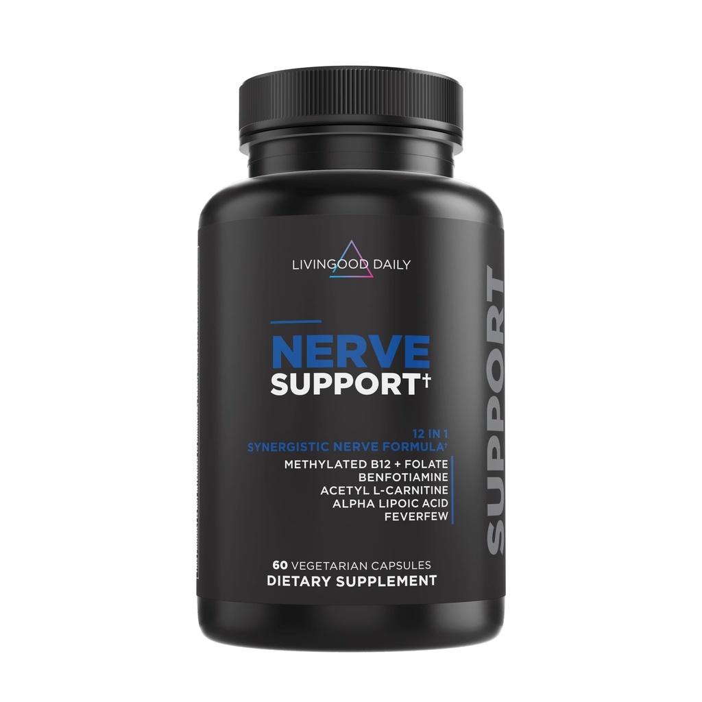 Livingood Daily Nerve Support Supplement for Women & Men, 12-in-1 Nerve Health Formula with Methylated B12, Folate, Benfotiamine, Alpha Lipoic Acid & Feverfew, Gluten Free, Non-GMO, 60 Capsules