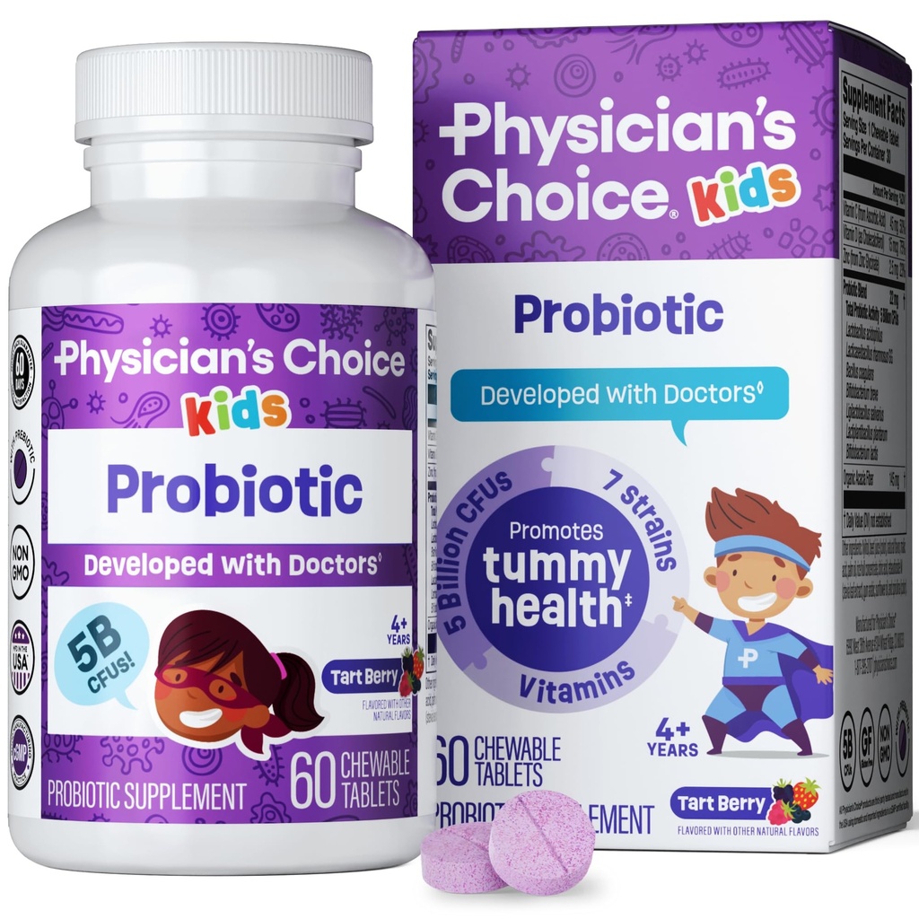 Physician's CHOICE Probiotics for Kids - 7 Diverse Strains, Organic Prebiotics, Vitamins & Minerals - Klinisch untersucht L. Rhamnosus - Immun- & Verdauungsunterstützung - Keine Zucker- oder Künstliche Farbstoffe - 60ct