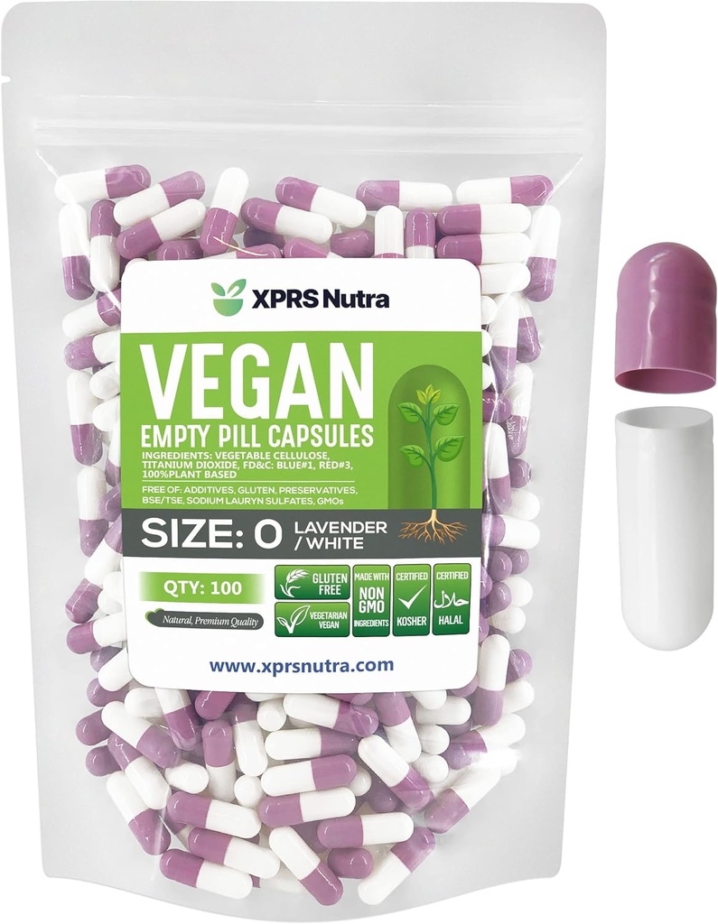 XPRS Nutra Größe 0 Leere Kapseln - 100 Count Leere Vegan Kapseln - Vegetarische Pillen DIY Gemüse Kapsel Füllung - Veggie Pillen Kapseln für Do-It-Yourself Ergänzungen (Lavender/White)