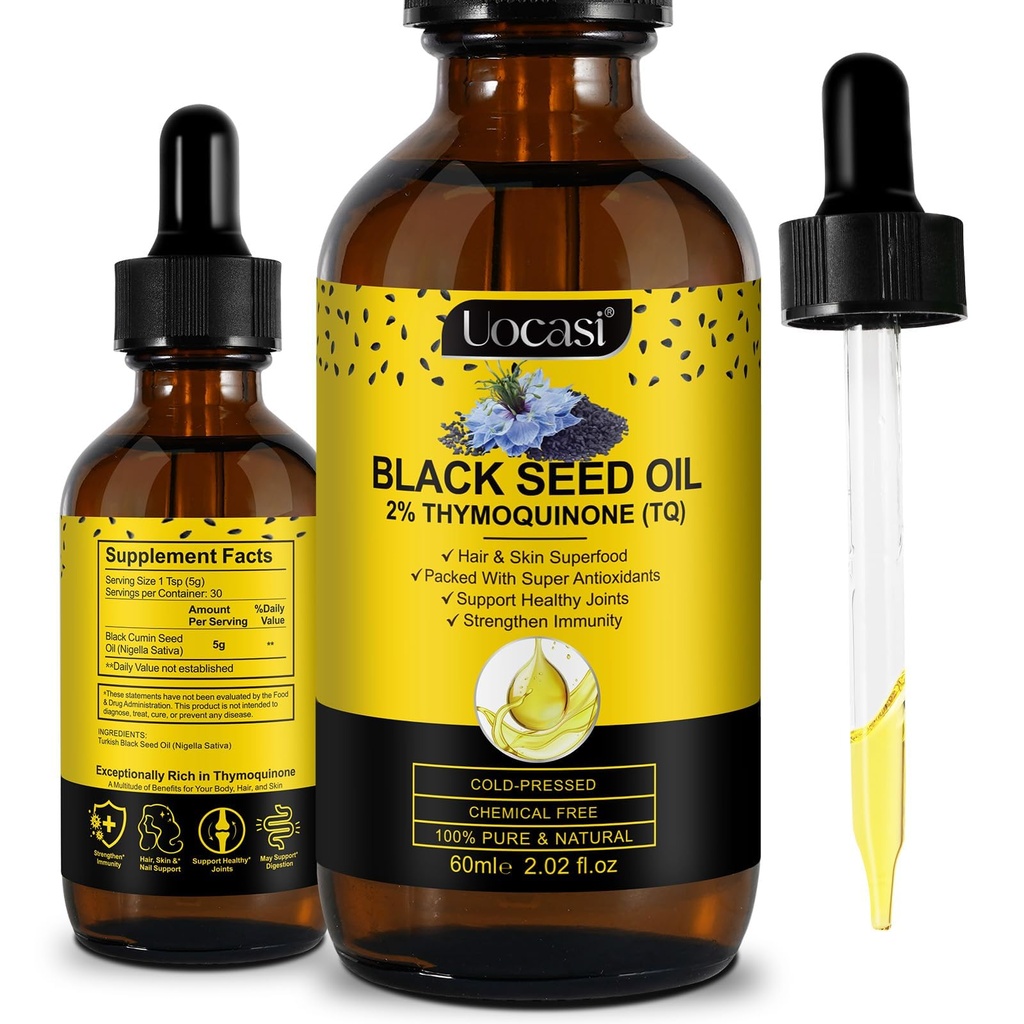 Uocasi Black Seed Oil, kalt gepresst, 100% rein & natürlich, Haarwachstum & Hautpflege, 2.02 Fl Oz