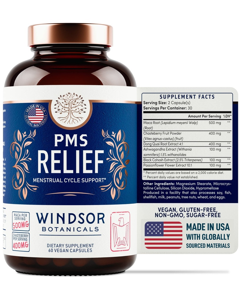 PMS Unterstützung Ergänzung für Frauen mit Chasteberry, Maca Root, Ashwagandha - Period Relief, Bloating Relief für Frauen, Mood Unterstützung, Hormon Balance Kräuterergänzungen - 30 Tage, 60 Vegan Kapseln