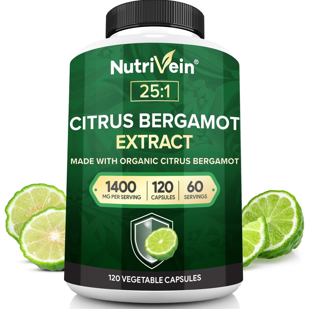 Nutrivein Premium Citrus Bergamotte Ergänzung 1400mg 25:1 Bergamia Extrakt - 60 Tage Versorgung (120 Kapseln): Leistungsstarke italienische Zitrus Bergamotte 1400 mg+ Hohe Konzentration - Herz- und Kreislaufsystem
