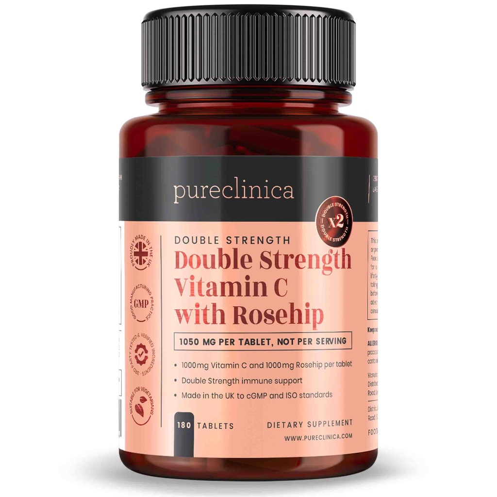 pureclinica Vitamin C mit Rosehip – 2000mg (1000mg VIT C & 1000mg Rosehip Extract) x 180 Tabletten - 6 Monate Versorgung!
