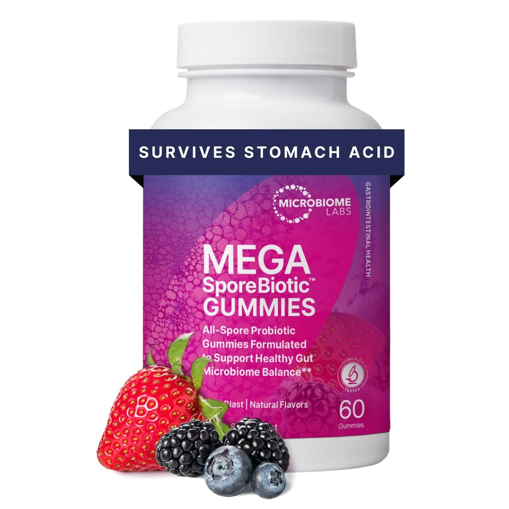 Microbiome Labs Spore Based Probiotic Gummis für Frauen, Männer und Kinder - MegaSporeBiotic Gummies - 4 Bacillus Probiotics for Digestive Health & Microbiome Support - Berry Flavor (60 Gummi)