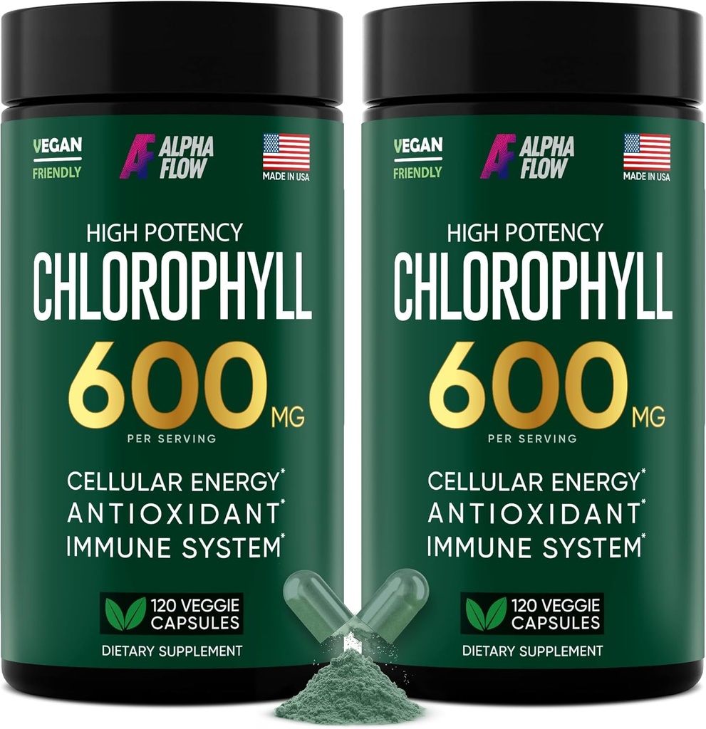 Alpha Flow [2 Pack] Chlorophyll Kapseln 600mg - Chlorophyll-Ergänzung für Energie & Haut - Internes Deodorant für Frauen & Männer - Alternative zu Flüssigkeitstropfen - 240 Vegan Pillen