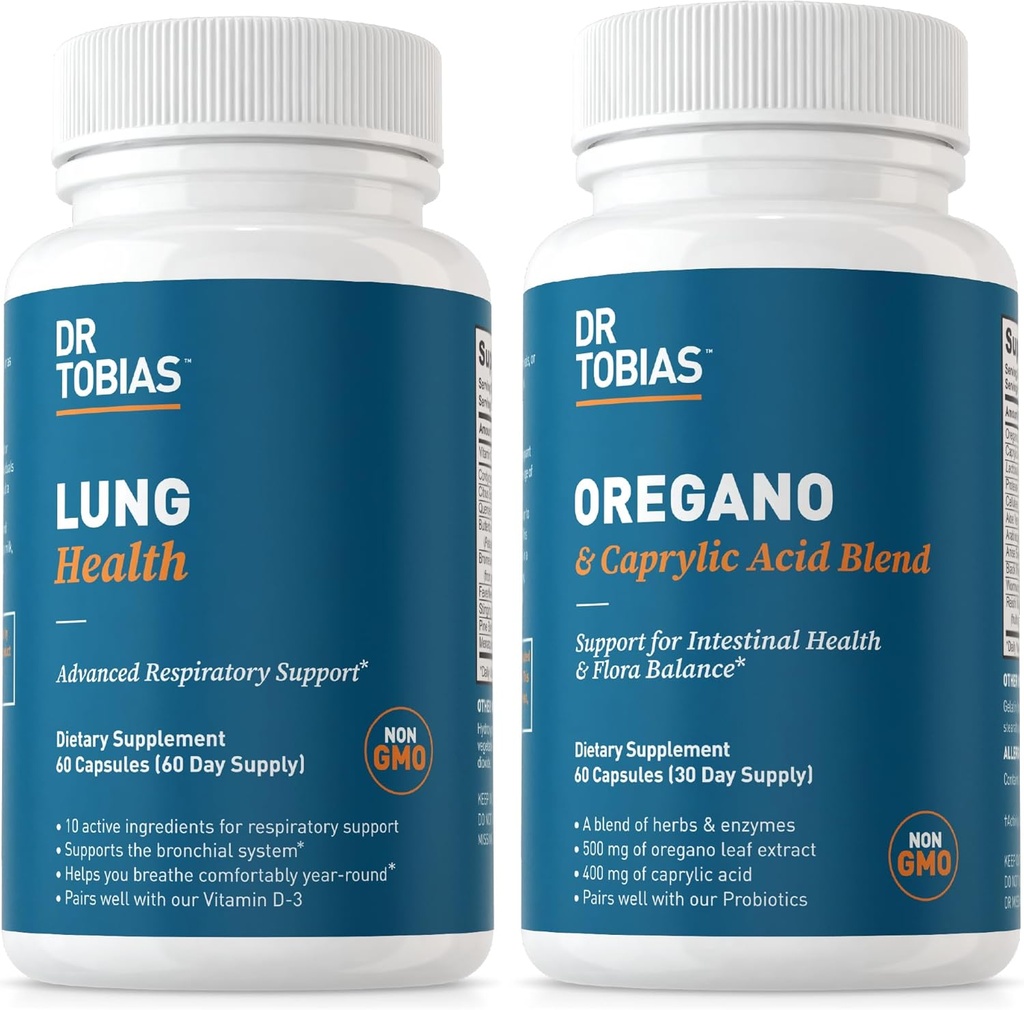 Dr. Tobias Lung Health and Oregano & Caprylic Acid Blend, unterstützt Lung Cleanse & Detox, Darmgesundheit, Immununterstützung mit Präbiotika & Kräuter für Frauen & Männer