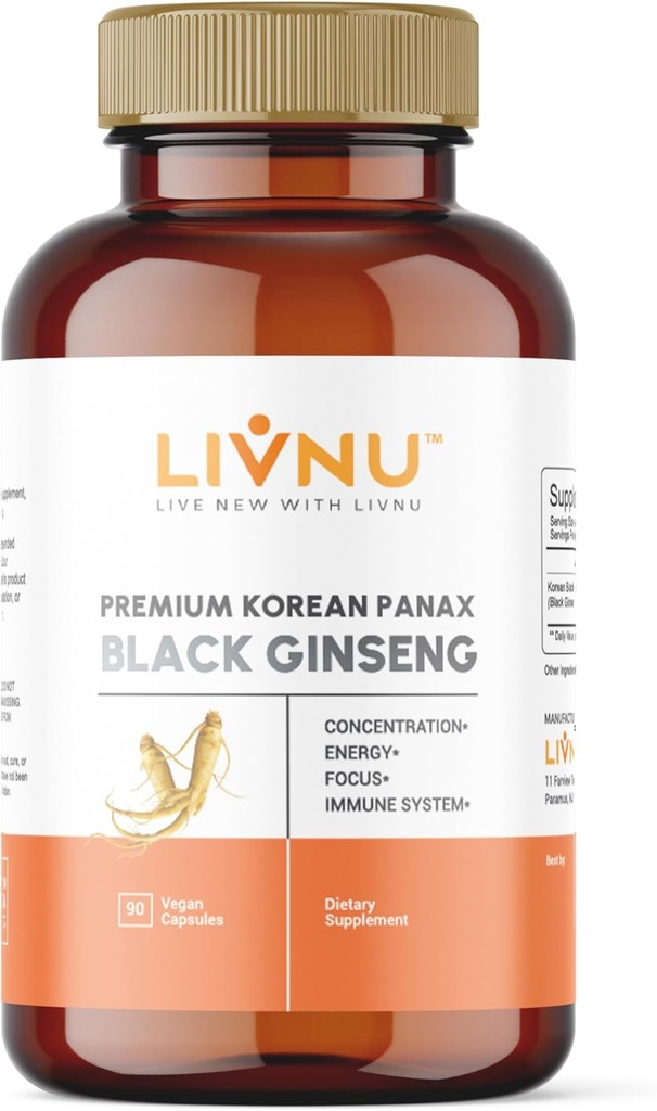 LivNu | Premium Korean Black Panax Ginseng | High Ginsenosides for Energy, Focus, Performance, Stamina und Immununterstützung | Vegan Pillen