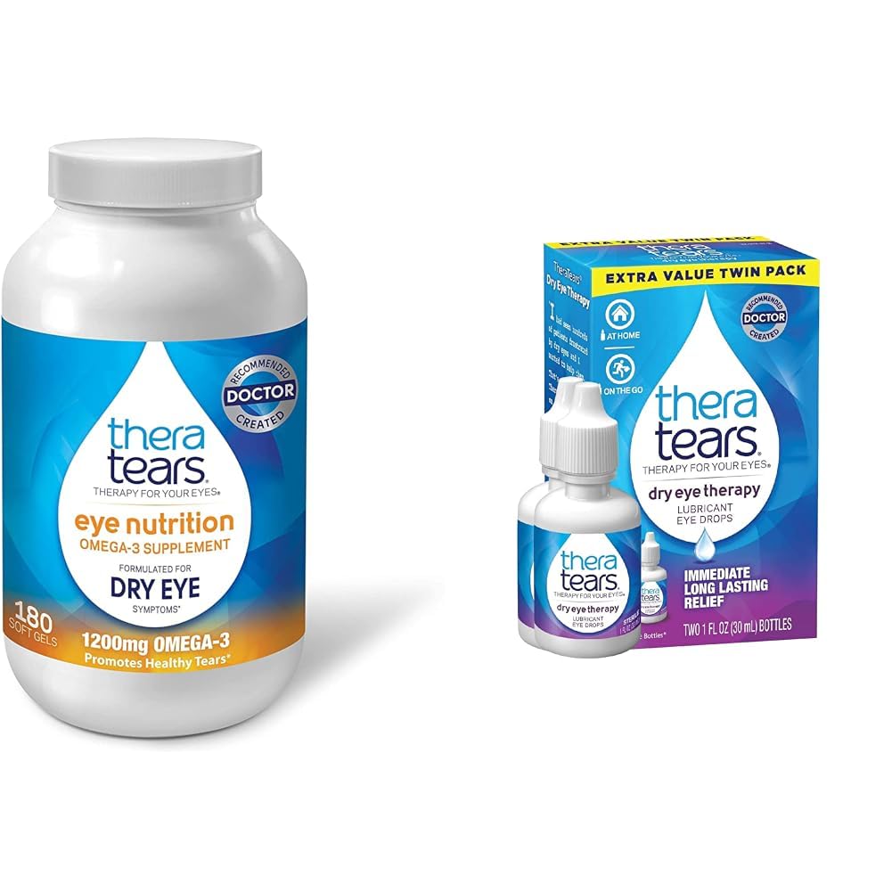 TheraTears 1200mg Omega 3 Supplement für Augenernährung, Bio Flaxseed Triglycerid Fischöl und Vitamin E, 180 Count & Dry Eye Therapie Schmierende Augentropfen für trockene Augen, 1 fl oz Flaschen Twin Pack
