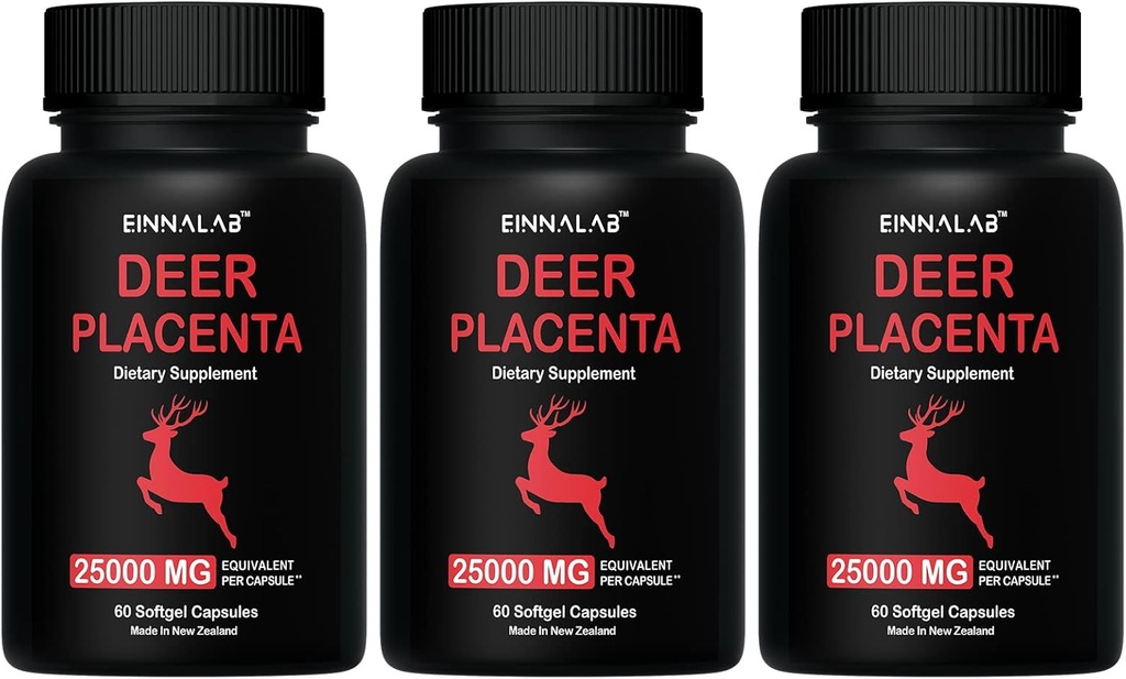 25.000mg Höchste Deer Placenta Ergänzung 60 Kapseln - Hergestellt in Neuseeland (Set von 3 Flaschen, 180 Kapseln)