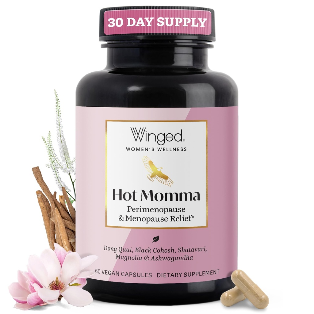 Winged Wellness Hot Momma Menopause Ergänzungen für Frauen - Hormonfreie Menopause Entlastung Unterstützung für heiße Flashes & Nacht Sweats mit Chaste Tree Berry, Multivitamins & Mehr - 60 Vegan Kapseln