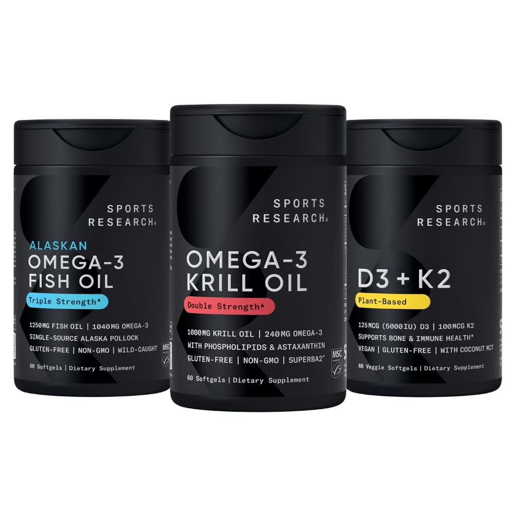 Sportforschung Antarktis Krillöl Omega 3 1000mg (Doppelstärke) mit Phospholipiden, Choline & Astaxanthin, Triple Strength Omega 3 Fish Oil Single-Source Wild Alaska Pollock 1250mg, Vitamin D3 K2