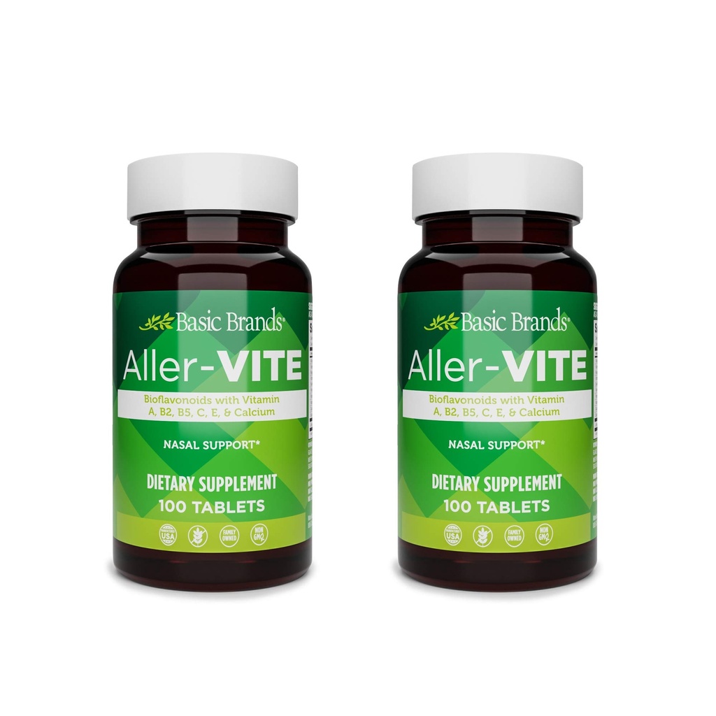 Basic Brands Aller-Vite - Natural Allergy Relief Tabletten - Homeopathic Sinus & Nasal Unterstützung mit Bioflavonoiden, Vitamine A, B2, B5, C, E & Calcium - 100 Vegan Tabletten - 2-Pack