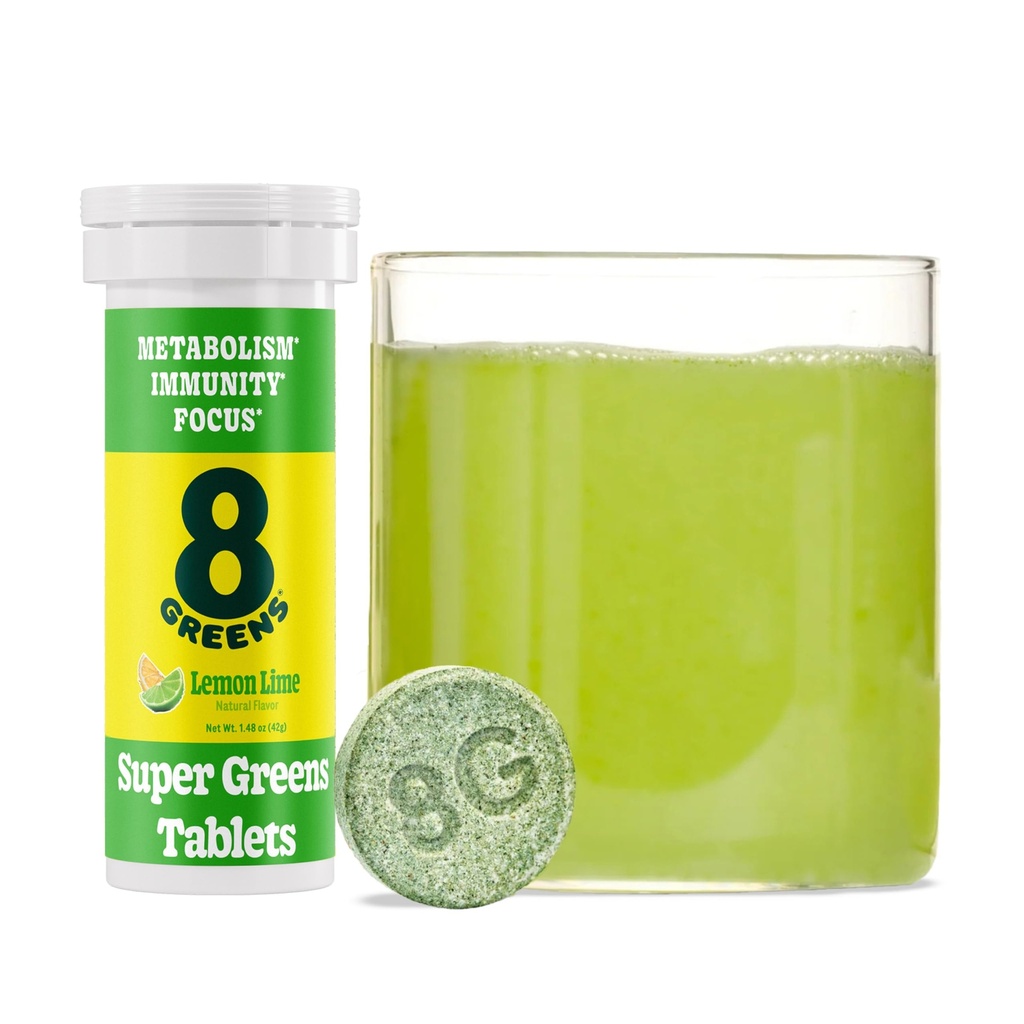 8Greens Supergreens Tablets | Super Greens Powder Superfood Tablet, Metabolism Immunity & Focus, Daily Greens Effervescent Tablets, Bio: Aloe Vera, Spirulina, Chlorella, Zitronenlime, 10 Servierungen