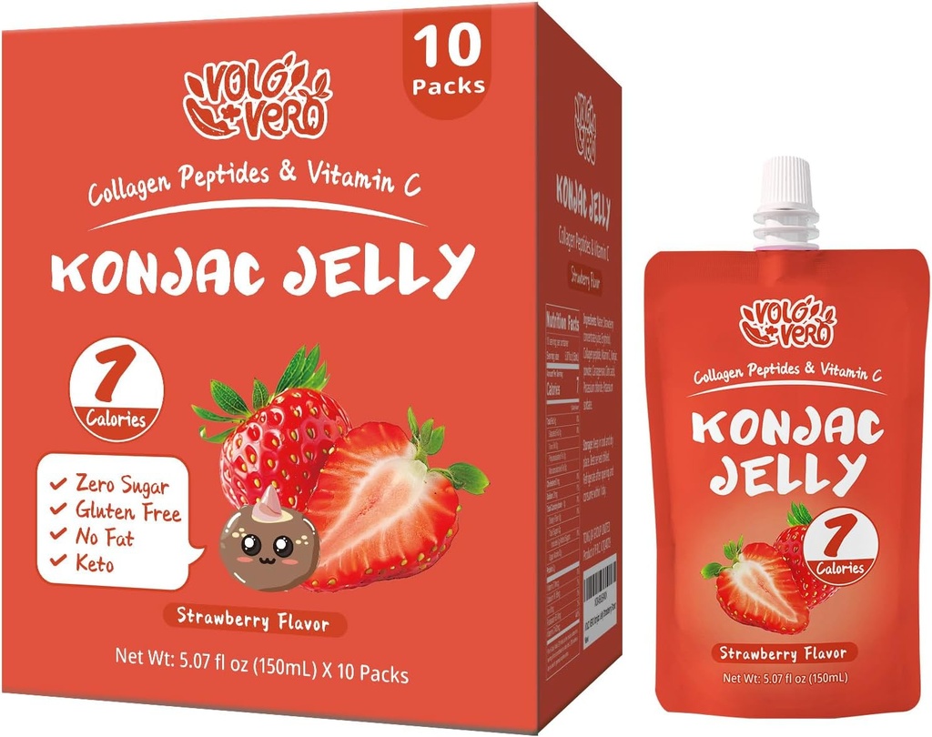 Konjac Jelly Pouch Trinkbare Strawberry Flavor, 7 Kalorien, Glutenfrei, Zero Sugar, Keto, Collagen Peptides und Vitamin C, Low Fat Healthy Fruit Snacks, Holiday Gifts, 10 Packs