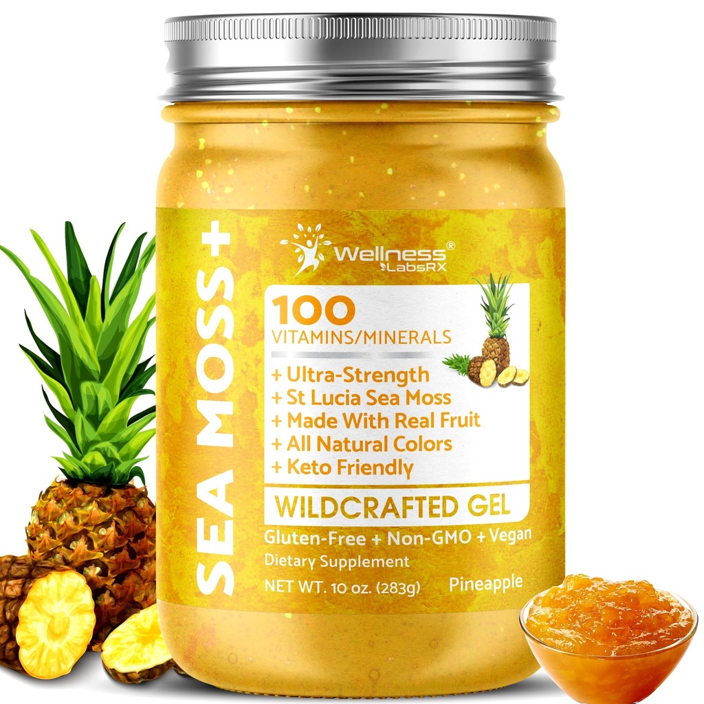 WELLNESS LABSRX Irish Sea Moss Gel Raw - Wildcrafted Superfood Seamoss Gel - Ananas Flavor, Vitamin und Mineral-Rich aus Pristine Caribbean Waters, Immune and Digestive Health Support - 10 Unzen.