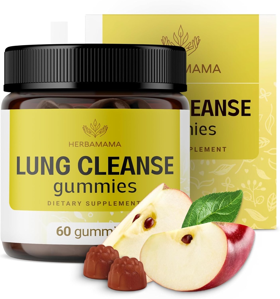 HERBAMA Lung Detox Gummies - Kräuter-Komplex mit Pilzmischung für Lung Cleanse - Vegan, Non-GMO Respiratory Support Supplement - 60 Pectin-Based Apple-Flavored Chews