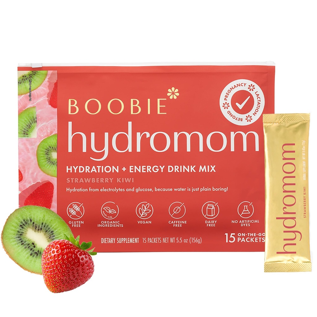 Boobie Hydromom Superfood Elektrolyt Getränke Mix, Erdbeere Kiwi | Erfrischende Energie & Hydration Boost für Mamas | On-The-Go & Travel Essentials für Schwangerschaft, Schnürung, &amp; darüber hinaus, 15 Packungen
