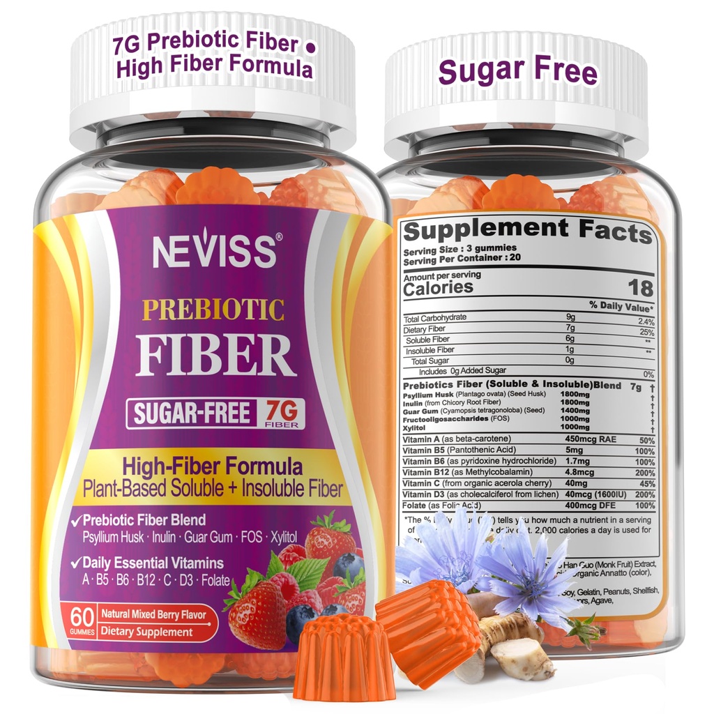 1Pack Fiber Gummis für Erwachsene mit Psyllium Husk, 7G(Soluble + Unlöslich) Tägliche Prebiotische Faser mit Inulin, FOS, Guar Gum, Multivitamine für tägliche Verdauungs-Gesundheit, Regularity Gut Support, Sugar Free