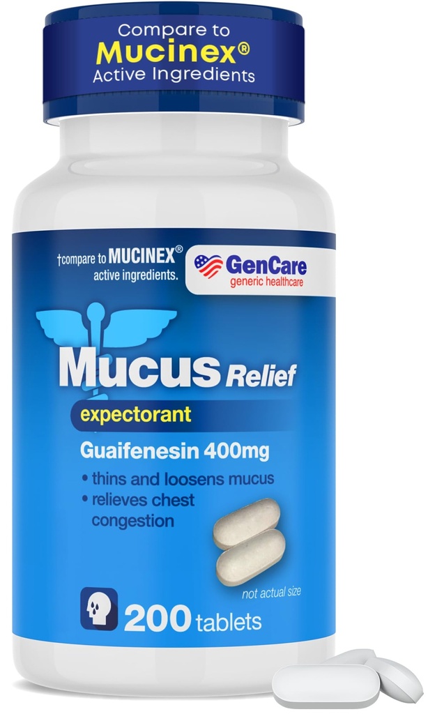 GenCare Mucus Relief Expectorant Guaifenesin 400 mg 200 Tablets Value Pack - Fast Acting Thinning of Mucus for Colds, Chest Congestion, Flu, Coughing and Allergies