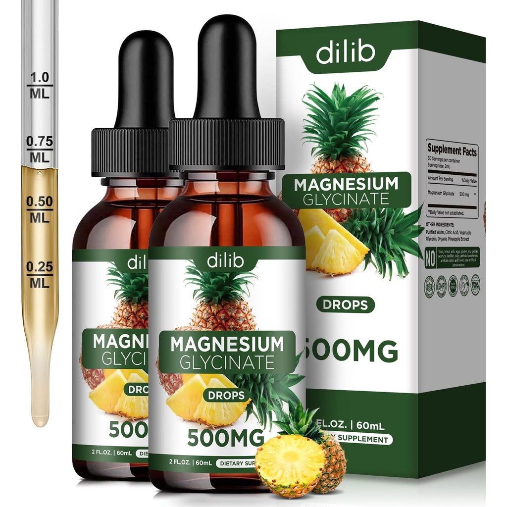 (2 Pack) Magnesium-Glycinat-Ergänzung, flüssiges Magnesium-Glycinat Flüssigkeitstropfen 500mg-Support Stress Relief, Entspannung, Stimmung, Schlaf, Knochen & Muskel-4 Fl Oz, Vegan, Ananas Flavor