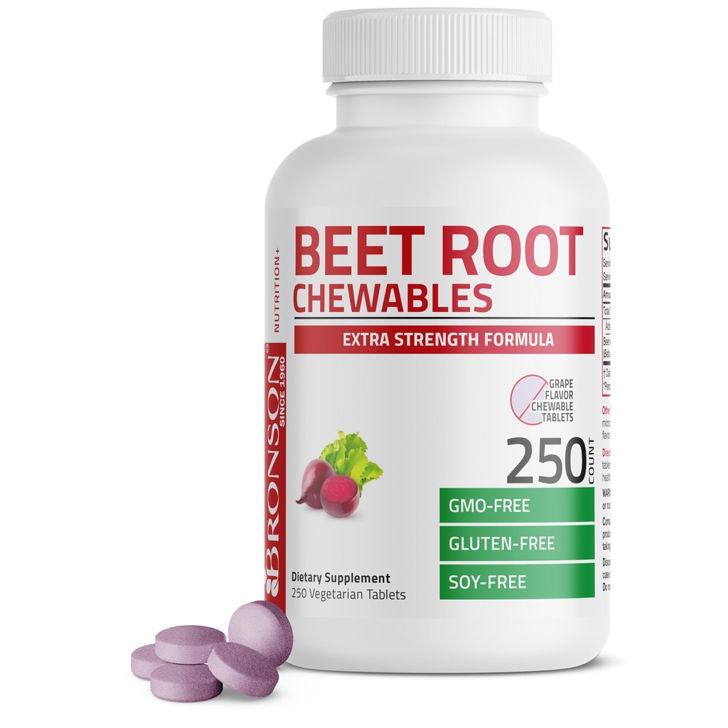 Bronson Beet Root Chewables 2000 MG, Grape Flavored - Extra Strength 2000 MG Per Serving Circulation Unterstützung Herz Gesundheit & Stamina, Non-GMO, 250 Vegetarische Grape Flavored Chewable Tablets