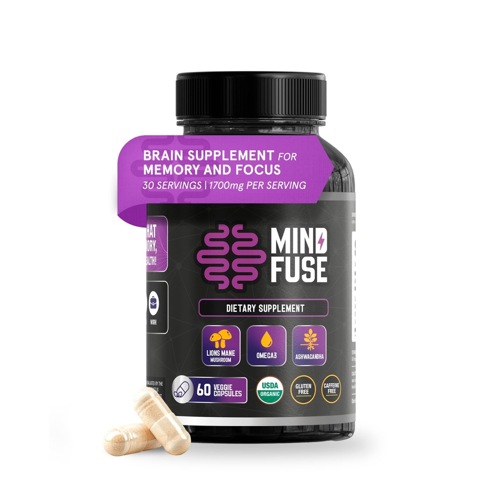 Nootropic Memory Booster Supplement für Erwachsene - Lion's Mane Capsules mit Omega-3, Ashwagandha & L-Theanine für Fokus & Gedächtnis - Glutenfreie 60 Kapseln