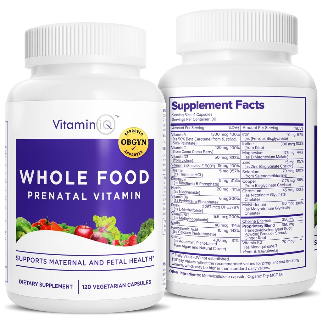 Volle Ernährung Pränatale Vitamine (120 Kapseln) Natürliche Unterstützung für mütterliche und fiesale Gesundheit, Prenatal Multivitamin für Frauen mit Cholin, B Vitamine und mehr, Vegan, keine Soja, Gluten oder Dairy