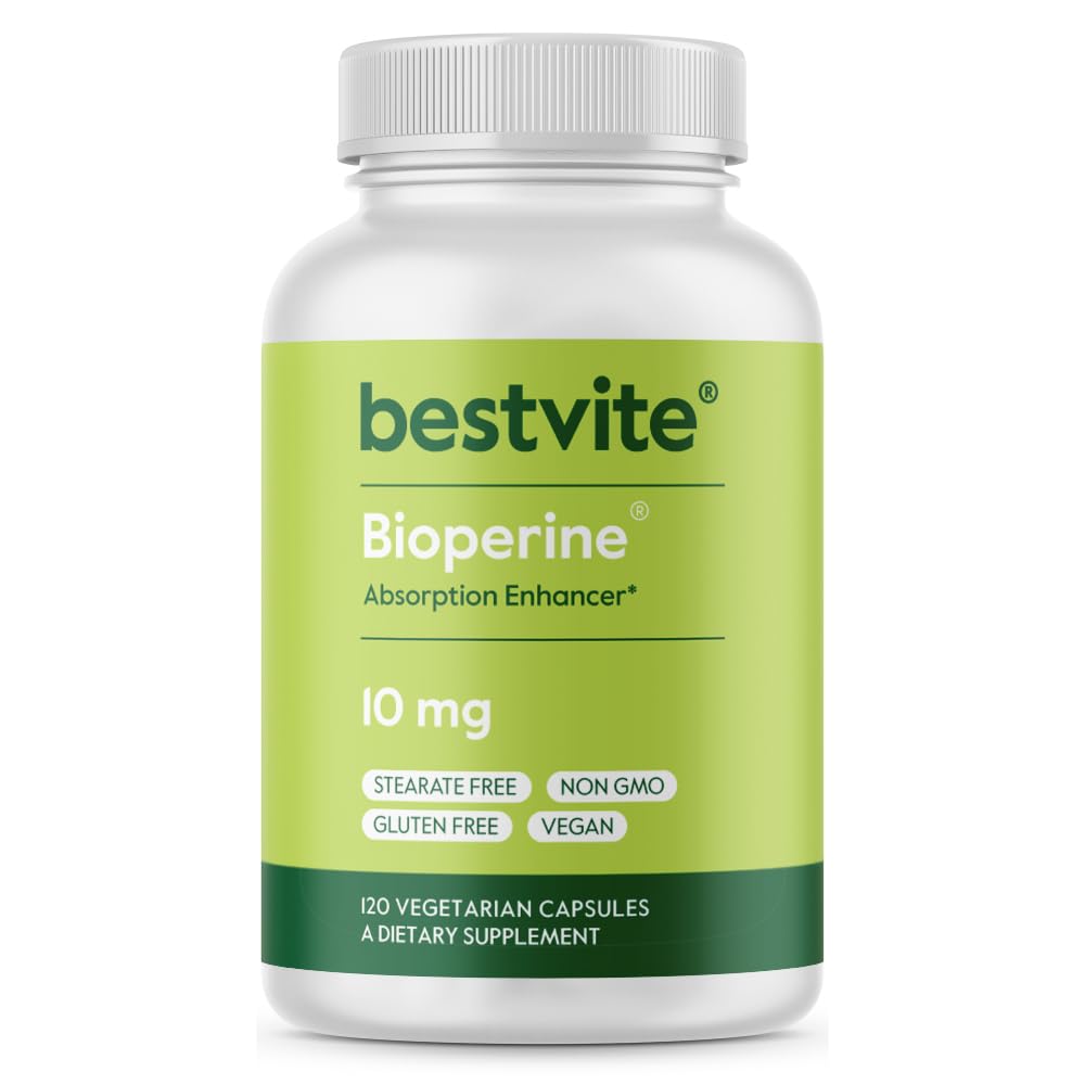 Bioperine 10mg (120 vegetarische Kapseln) - No Stearates - Vegan - Non GMO - Glutenfrei - Absorption Enhancer