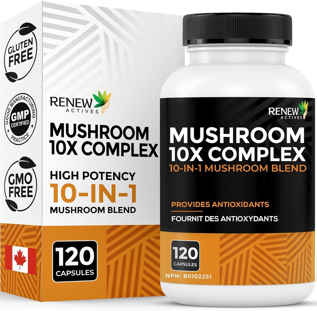 RENEW ACTIVES Pilzkomplex 2 Kapseln pro Servieren – 10 Pilzmischung mit Antioxidantien für Immungesundheit & Wellness – Unterstützt Gesamtlebens- &amp; Langzeit-Wellness –Made in Canada - 120 Kapseln