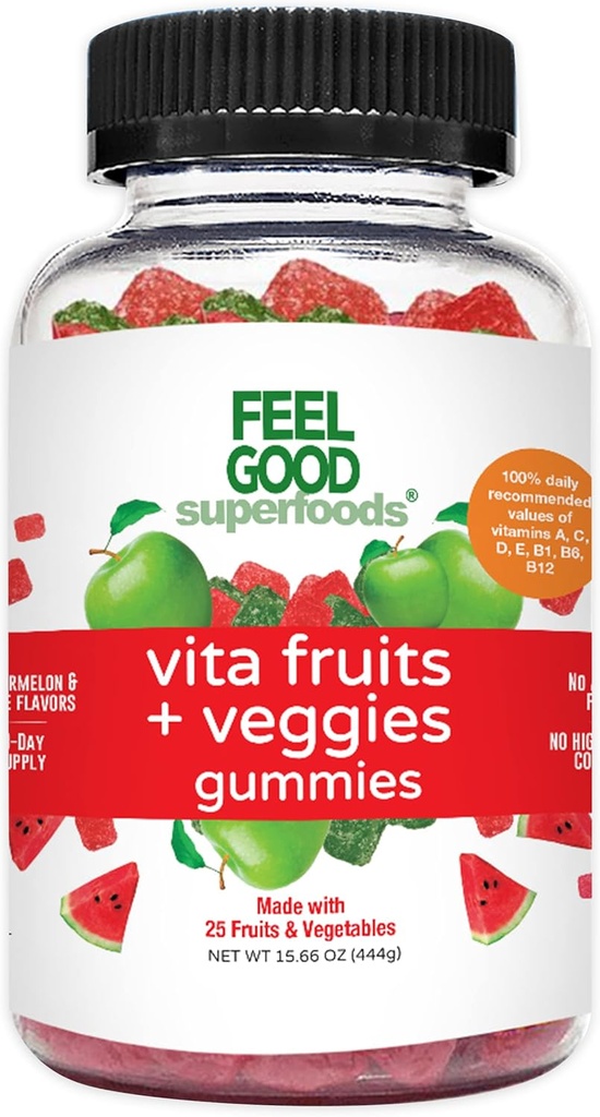 FeelGood Superfoods Vita Fruits and Veggies Supplements, Multivitamin Fruit and Vegetable Gummies, 25 Obst und Gemüse, Wassermelone und Apfelschmack, Vegan, Non-GMO, 60 Count