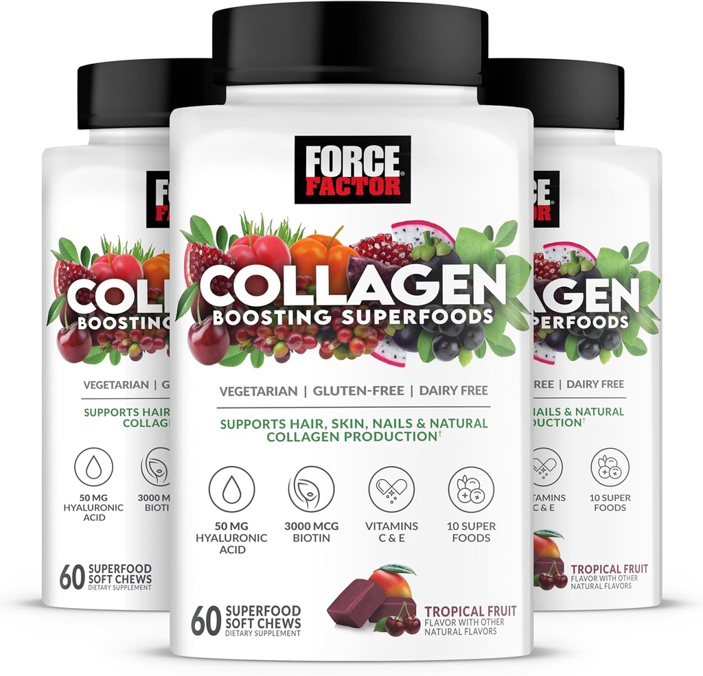 FORCE FACTOR Collagen Boosting Superfoods, Vegan Collagen Booster für Damen, mit Biotin, Hyaluronsäure und Vitamin C, für Haare, Haut, Nägel, & Gelenkunterstützung, Tropische Frucht, 180 Weichkäse, 3-Pack
