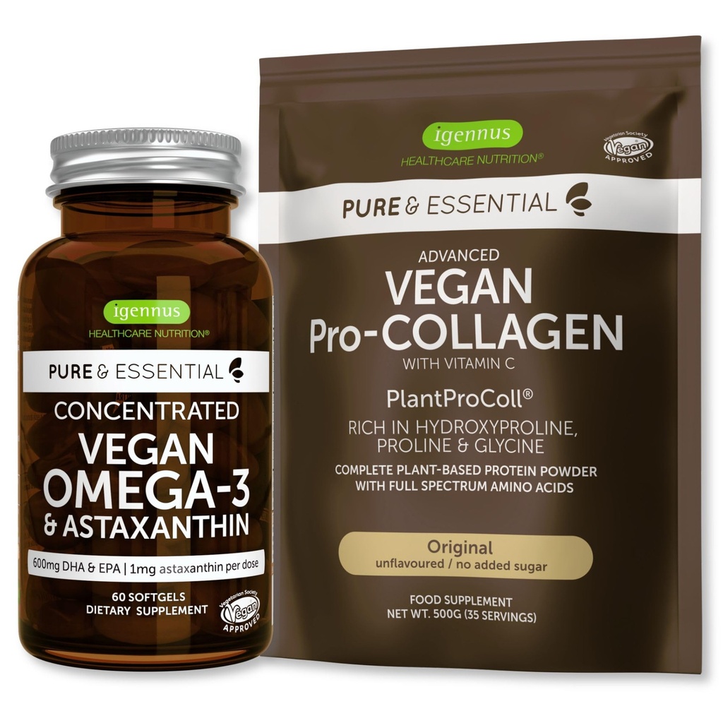 Pure & Essential Vegan Collagen Peptide Protein Powder & Vegan Omega 3 Bundle, komplette Collagen Boosting Formel & Nachhaltiges Algenöl 1340mg, von Igennus