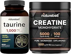 NatureBell Creatine Monohydrat Pulver & Taurine Kapseln 1.000 mg pro Servieren Bundle Pack | Hohe Absorption Micronized Creatine | Essential Amino Acids Supplement