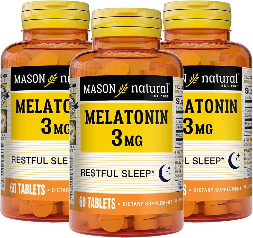 MASON NATURAL Melatonin 3 mg mit B6 & Kalzium, natürliche Schlafhilfe, unterstützt restliche Schlaf, 60 Tabletten (Pack von 3)