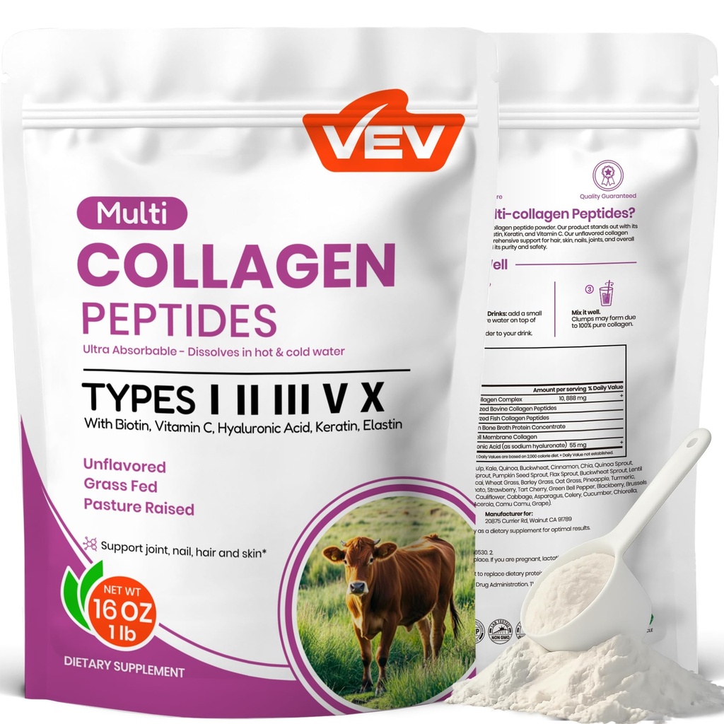 VEV Multi Collagen Peptide Powder, 16 oz (41 Servierungen) – Typ I, II, III, V, X, hydrolysiertes Collagen, Hyaluronsäure Power, Biotin, Vitamin C, Unterstützt Haut, Unflavored, löst leicht