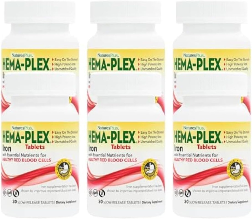 NaturesPlus Hema-Plex Iron - 30 Sustained Release Tablets, Pack von 6-85 mg Elemental Iron - Total Blood Health - mit Vitamin C & Bioflavonoids - Vegan, Gluten Free - 180 Total Servings