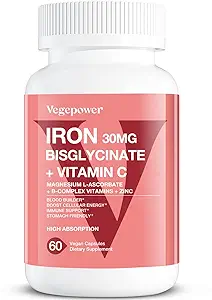 Eisen-Biglycinat, 30mg Vegan-Eisen-Ergänzung für Damen und Herren, Chelatiert mit Vitamin C, B12, Folsäure - Eisen-Säulen für Anämie, hohe Absorption, Glutenfrei, Non-GMO - 60 Kapseln