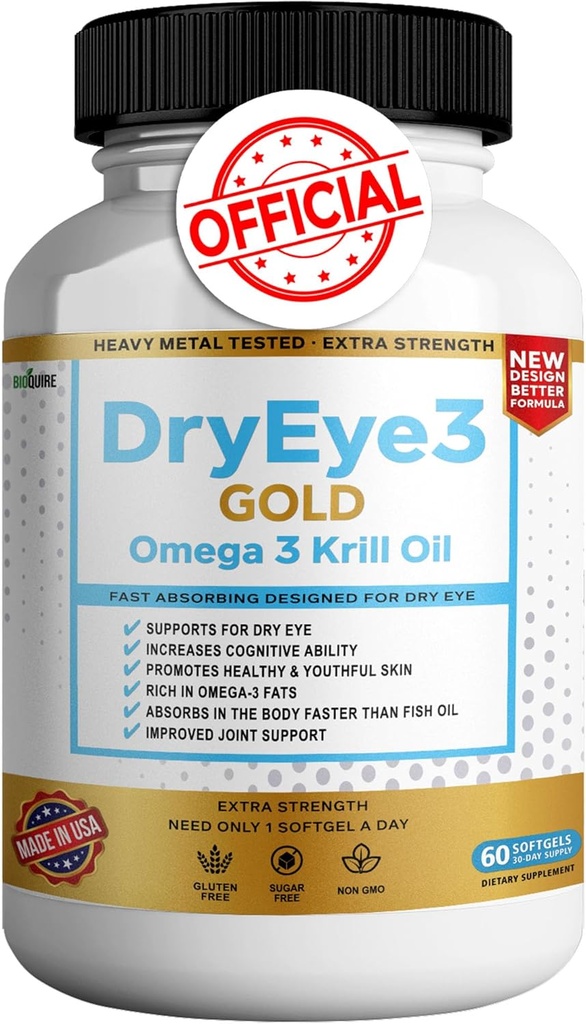 Dry Eye 3 Gold Omega 3 Krill Öl Extra Strength, 60 Softgels, Dry Eye Support, Non-GMO, Gluten Free, Sugar Free (1)