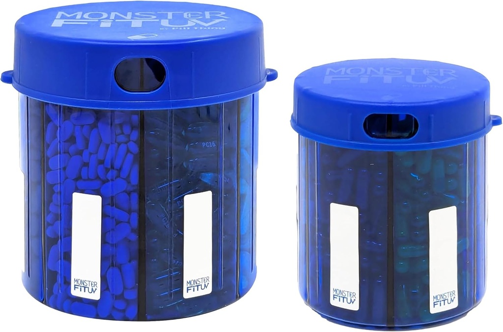 Monster Supplement Medication Pillenspender auf Compartment Etiketten - Extra große Säule Container Flaschengriffe Fast jede Ergänzung - einfach zu verzichten (Monster Blue & Monster Jr. Blue)