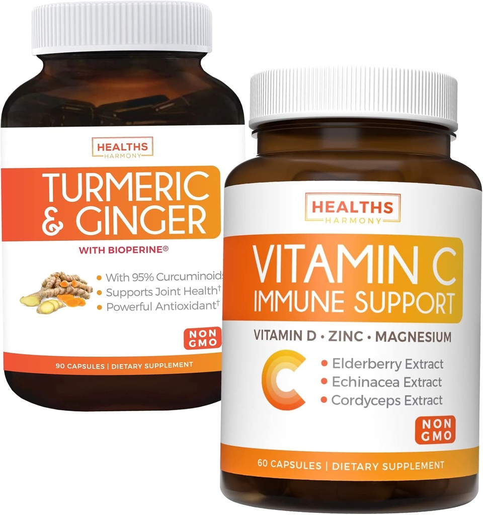 Bundle Vitamin C Immununterstützung & Kurkumin - Tägliche Unterstützung: Immun + Gelenkgesundheit - Immununterstützung - Vitamin C mit Zink (Non-GMO) & Kurkumin - Schwarzer Pfefferextrakt (Non-GMO)
