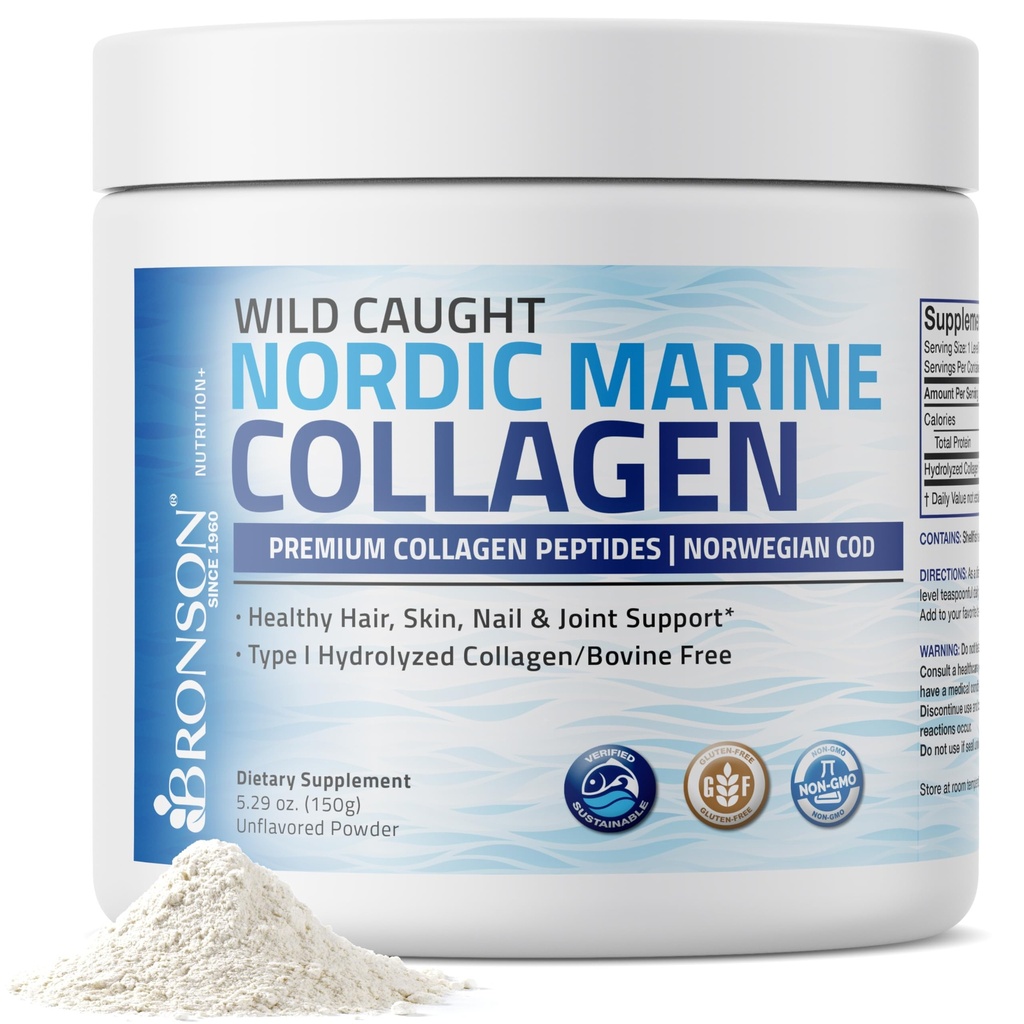Bronson Marine Collagen Peptides Hydrolysed Protein Powder 100% Wild Caught Nordic Cod Verified Sustainable Source for Joints Skin Hair Nails & Bones 150g (5.29oz)