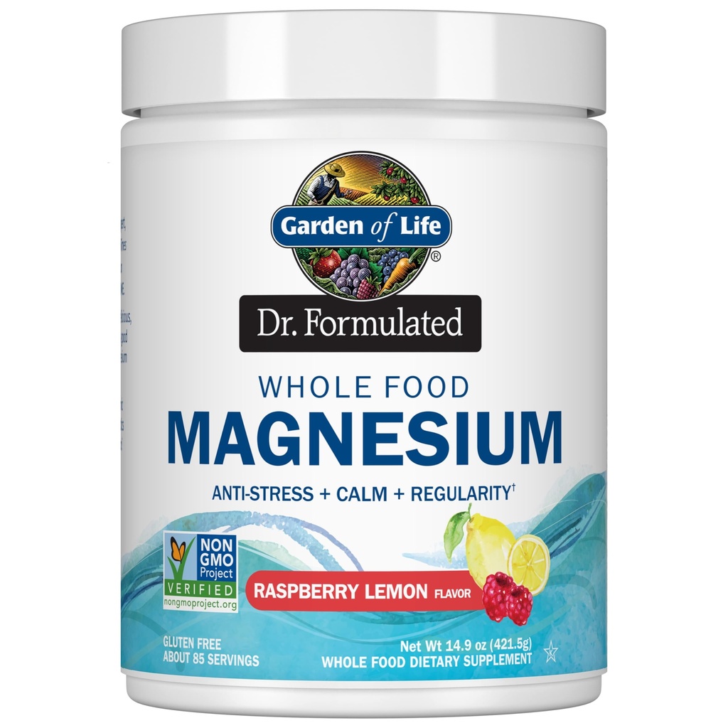Garden of Life Dr. Formulated Whole Food Magnesium Powder with Probiotics – Stress & Sleep Support, Non-GMO, Gluten-Free, Vegan, Raspberry Lemon Flavor, 85 Servings