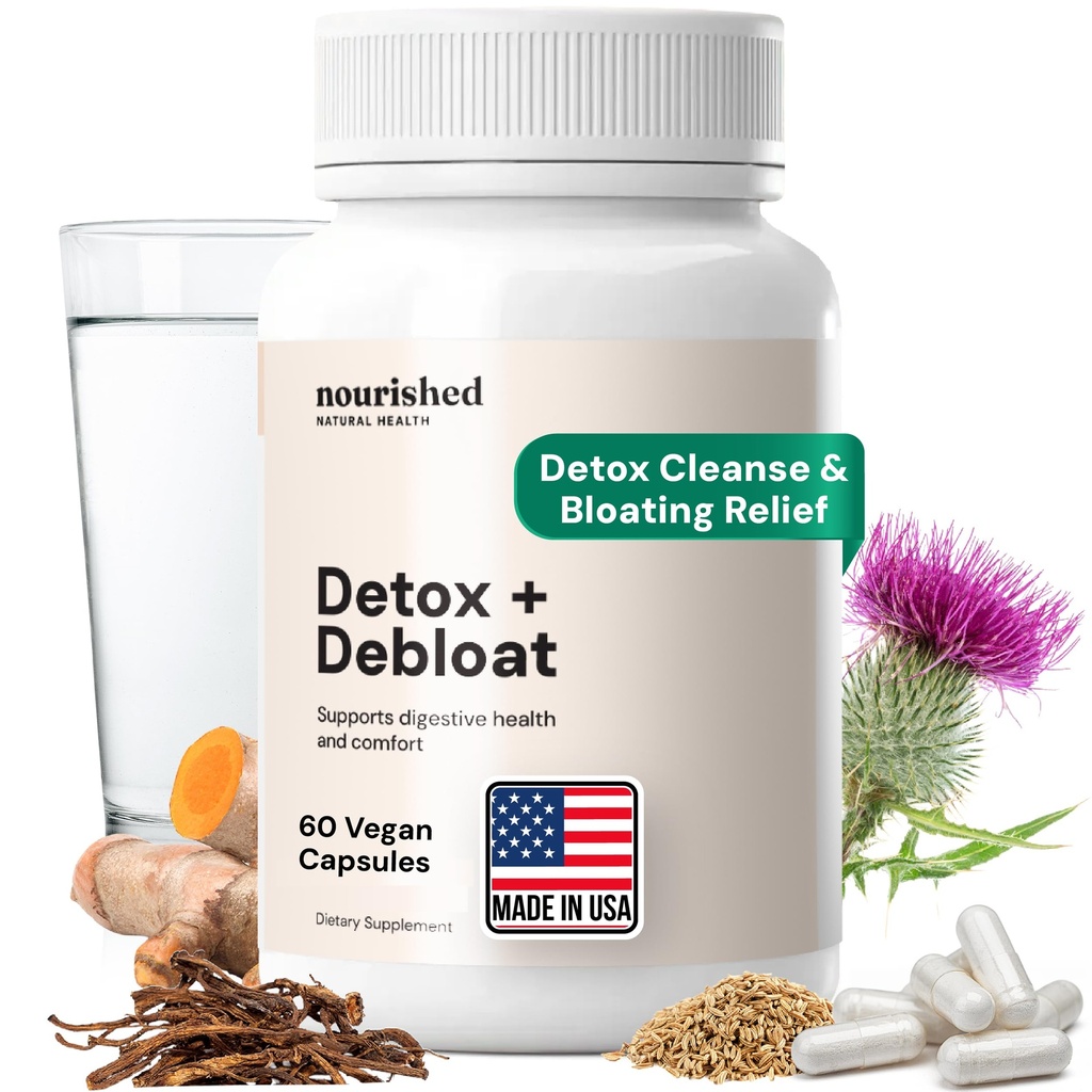 Nourished Natural Health Detox + Debloat - Milk Thistle & Dandelion Root Vegan Ergänzung für Frauen - Bloating Relief & Digestion Support - 60 Kapseln