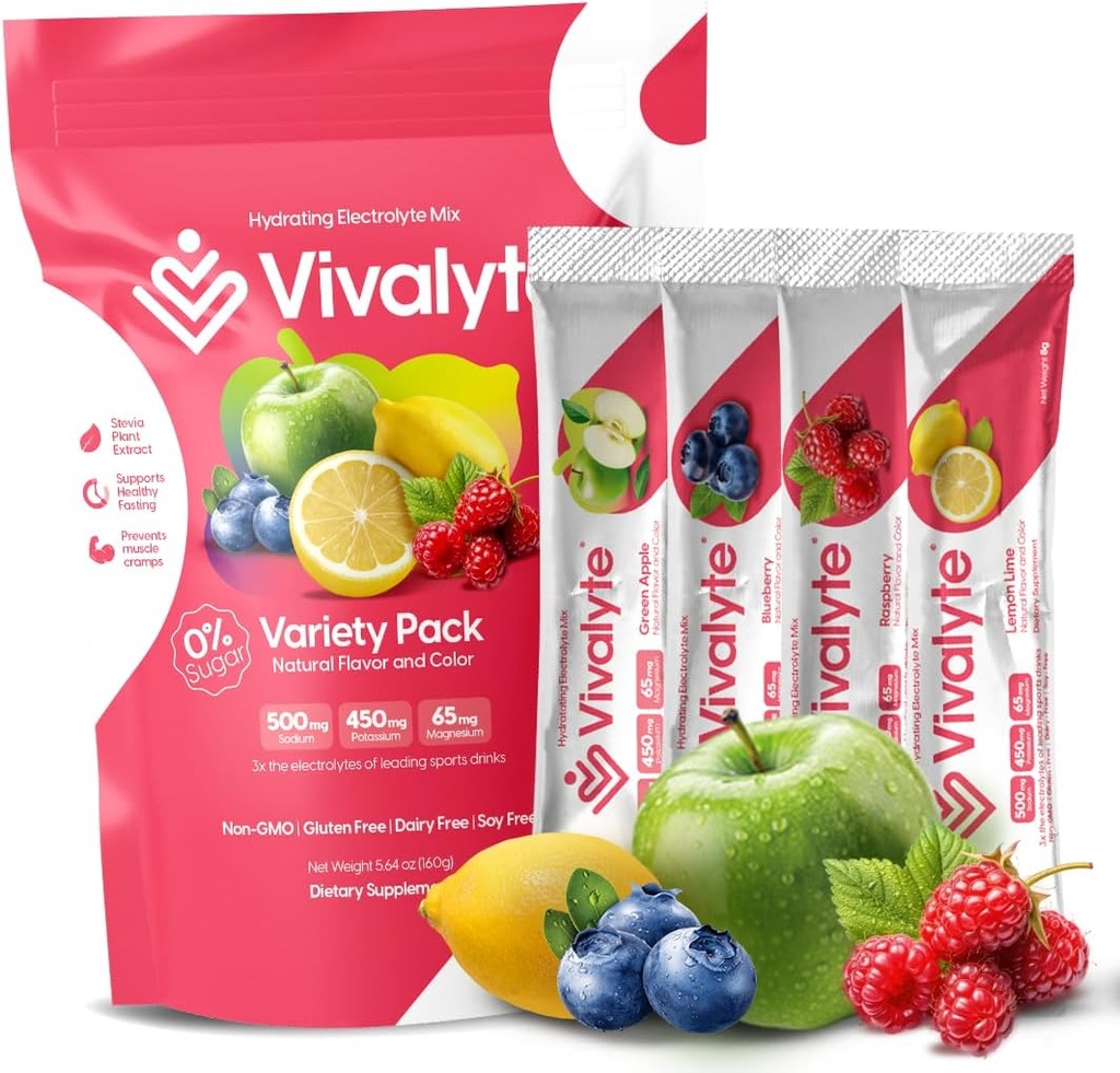 Elektrolyt-Pulver kein Zucker Stevia Sweetened 100% natürliche Hydration Packets - 20 Count | Natrium, Kalium Citrat & Magnesium L-Threonate (5.64, Variety Pack)